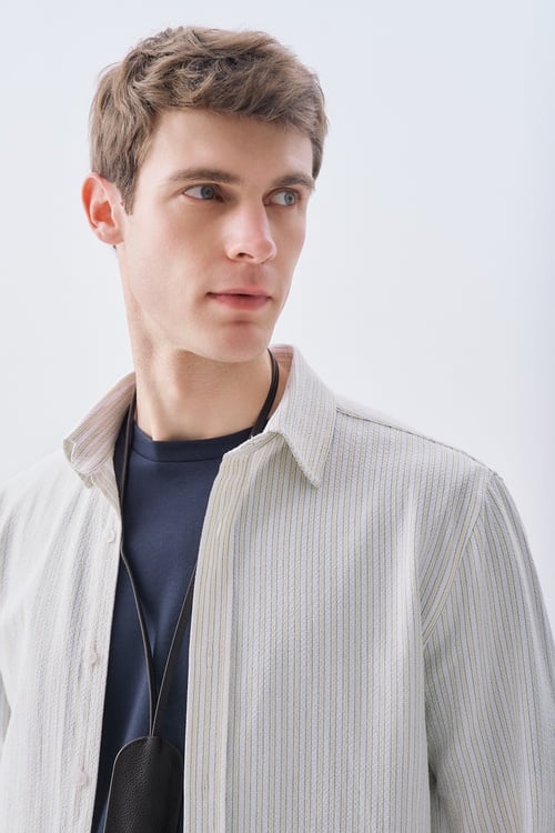 Erkek Beyaz Regular Fit Uzun Kollu Seersucker Gömlek