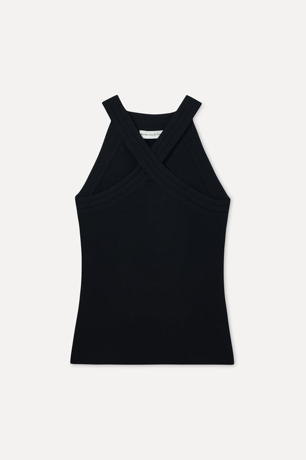 Kadın Siyah Fitted Kolsuz Çapraz Yaka Triko Bluz