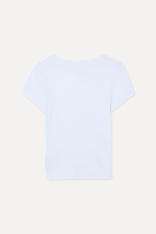  Kadın Beyaz Düğmeli Bisiklet Yaka T-Shirt