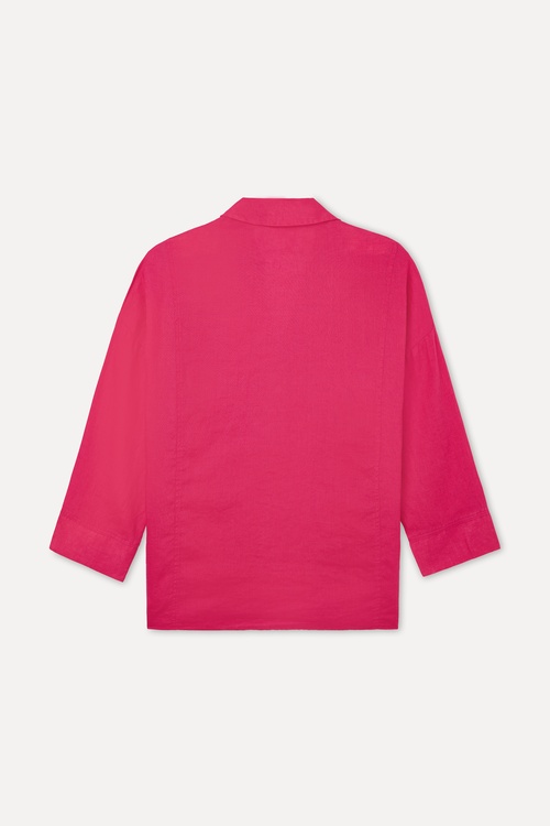  Kadın Fuşya 3/4 Kol Oversize Keten Gömlek