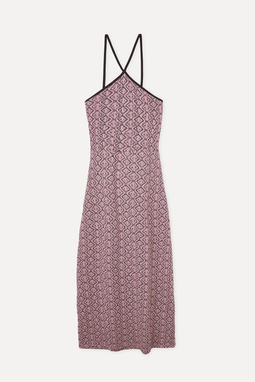 JAKARLI ASKILI HALTER YAKA UZUN ELBİSE