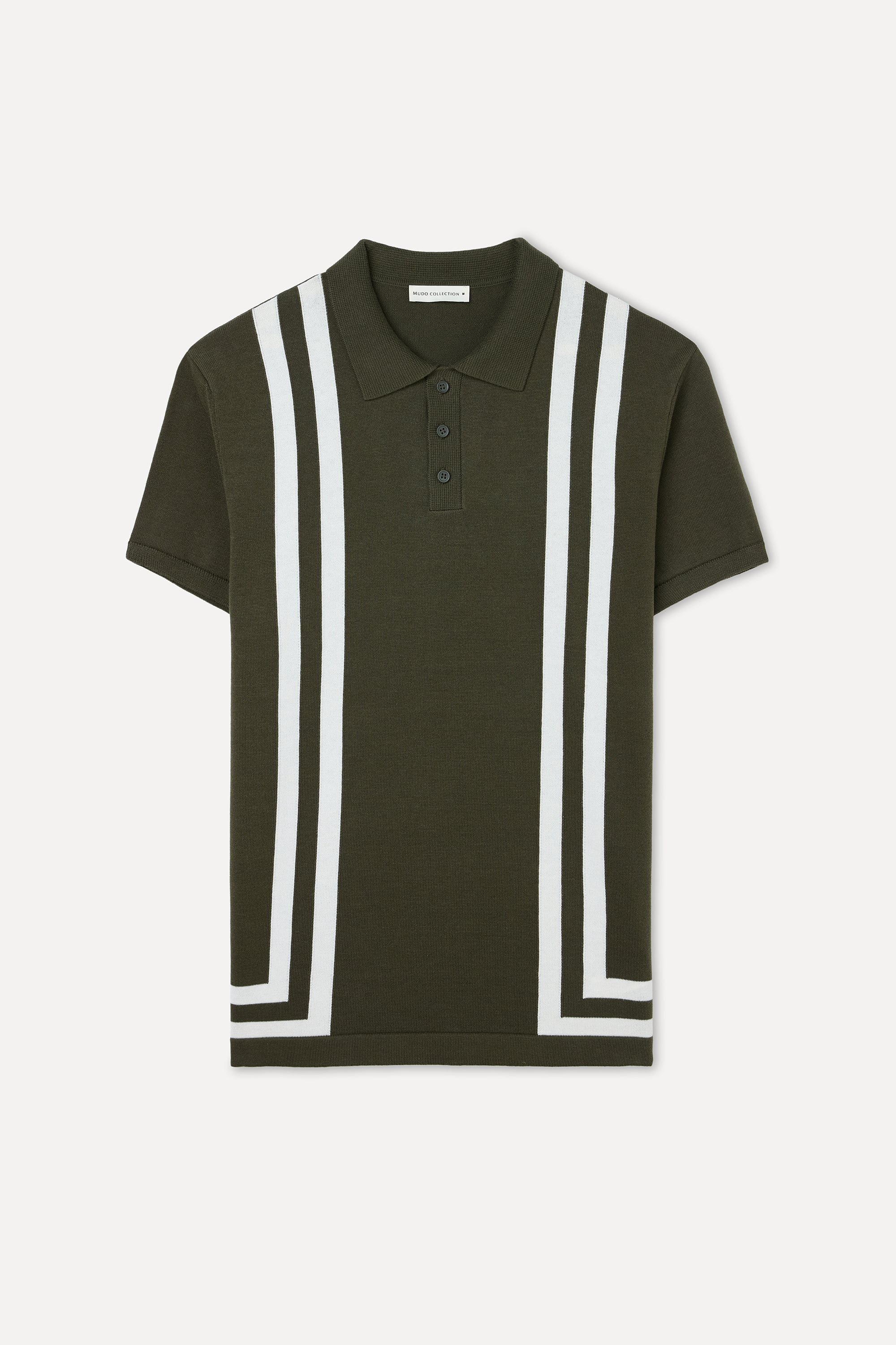 Erkek Koyu Haki Çizgili Polo Yaka Kısa Kollu Triko Kazak