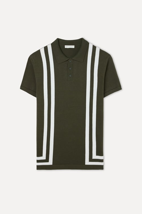 Erkek Koyu Haki Çizgili Polo Yaka Kısa Kollu Triko Kazak