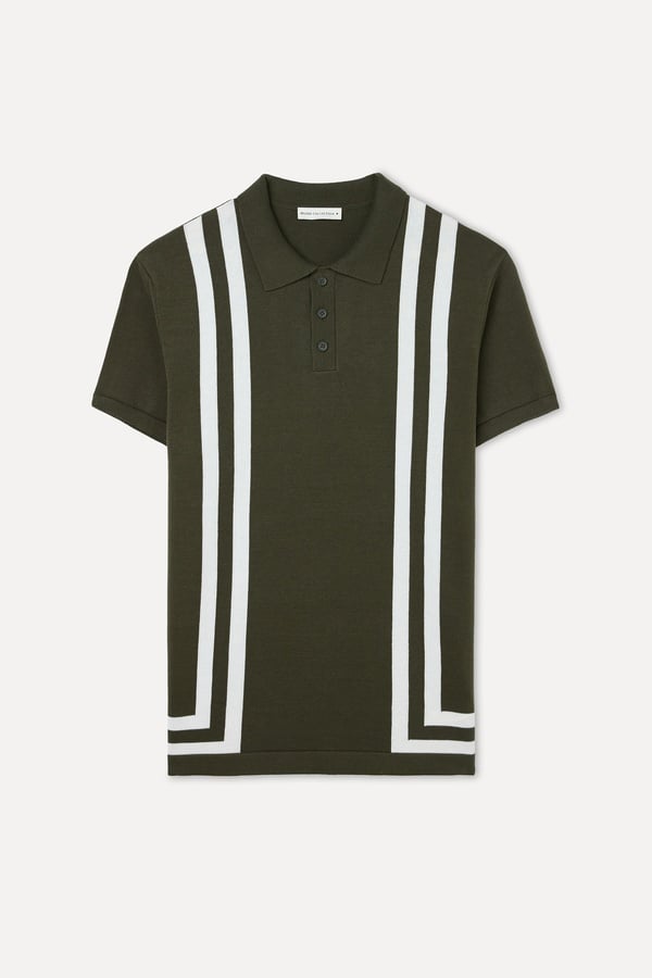 Erkek Koyu Haki Çizgili Polo Yaka Kısa Kollu Triko Kazak