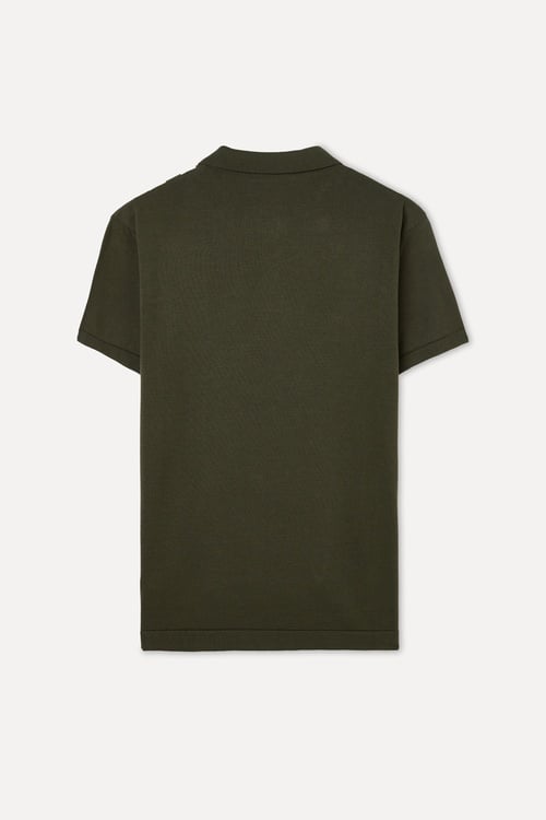 Erkek Koyu Haki Çizgili Polo Yaka Kısa Kollu Triko Kazak