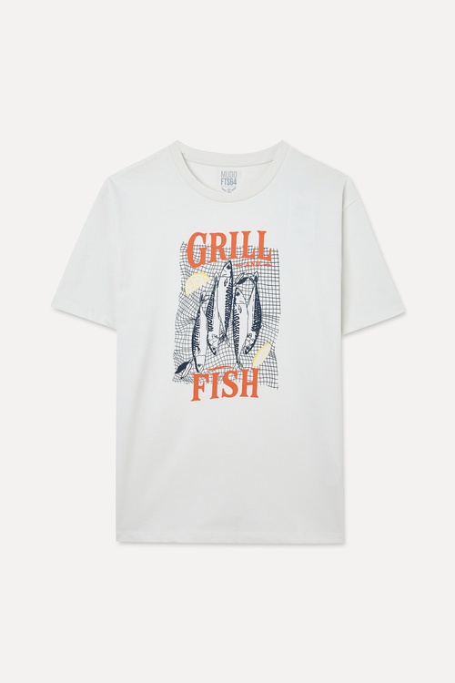 Erkek Kırık Beyaz Baskılı Loose Fit Bisiklet Yaka T-Shirt