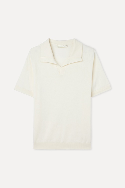 Erkek Kırık Beyaz Polo Yaka Kısa Kollu Triko Kazak