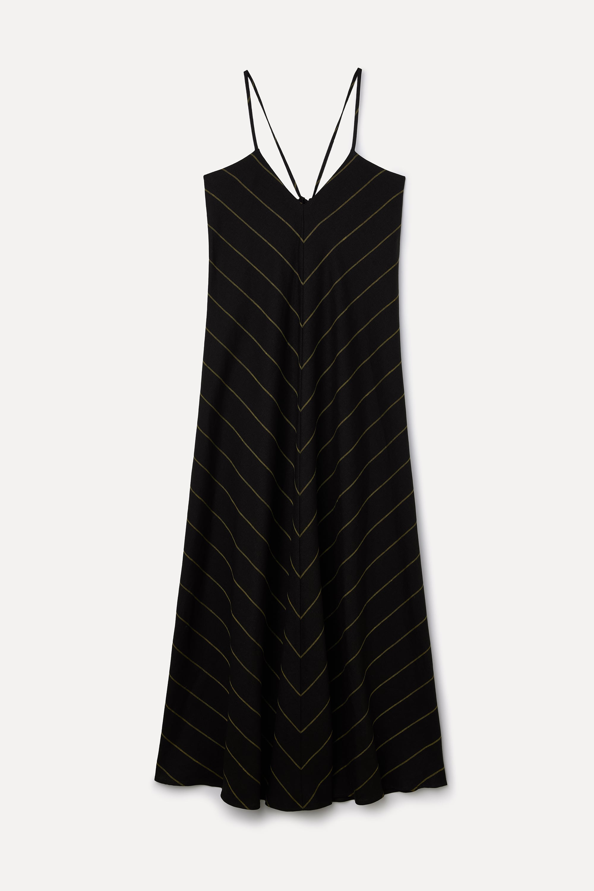 ÇİZGİLİ A FORM ASKILI MİDİ KETEN ELBİSE