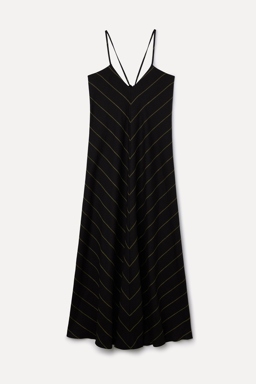 ÇİZGİLİ A FORM ASKILI MİDİ KETEN ELBİSE