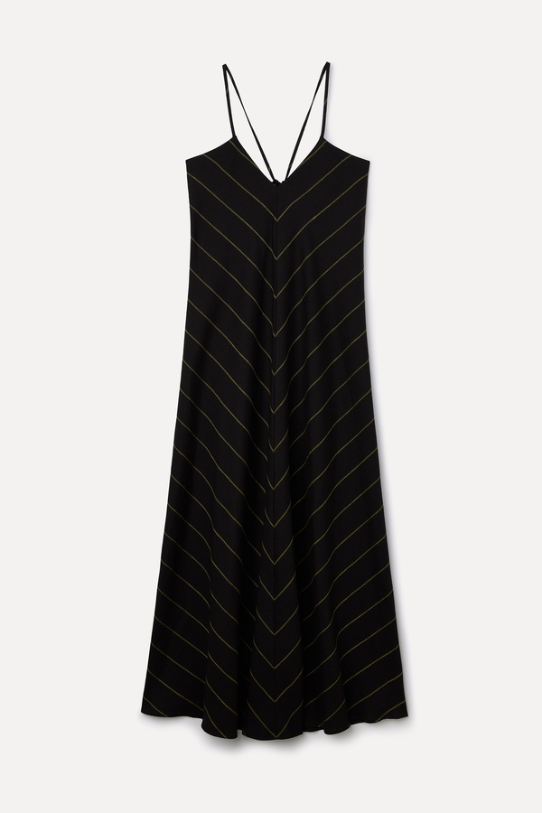 ÇİZGİLİ A FORM ASKILI MİDİ KETEN ELBİSE