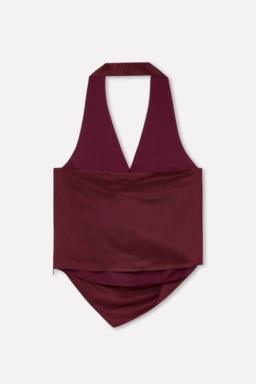  Kadın Bordo Kruvaze Görünümlü Halter Yaka Bluz