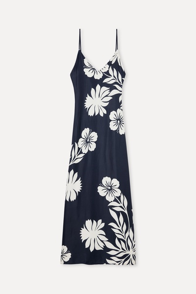 Mudo Kadın Lacivert Floral Desenli Askılı Uzun Elbise