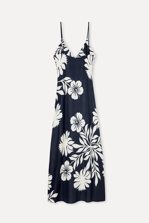  Kadın Lacivert Floral Desenli Askılı Uzun Elbise