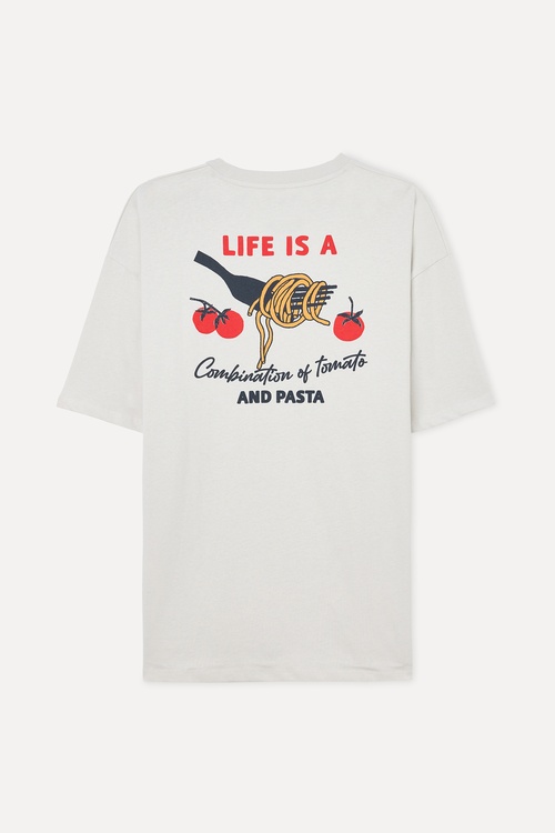 Erkek Kırık Beyaz Baskılı Oversize Bisiklet Yaka T-Shirt