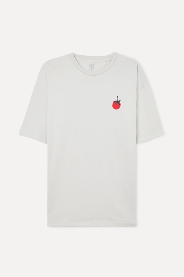 Erkek Kırık Beyaz Baskılı Oversize Bisiklet Yaka T-Shirt