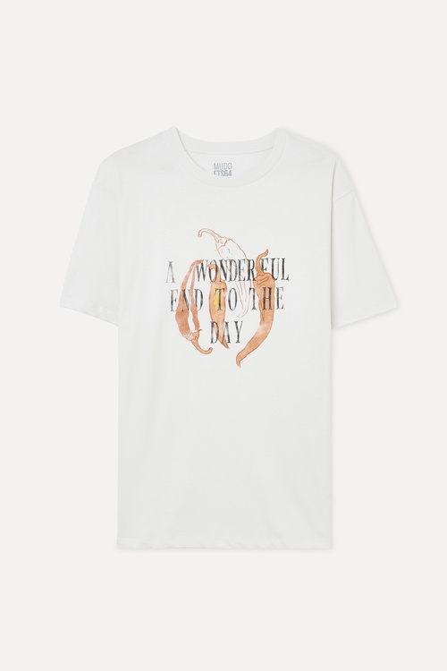  Erkek Kırık Beyaz Baskılı Loose Fit Bisiklet Yaka T-Shirt
