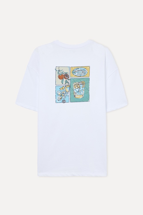 Erkek Beyaz Baskılı Oversize Bisiklet Yaka T-Shirt