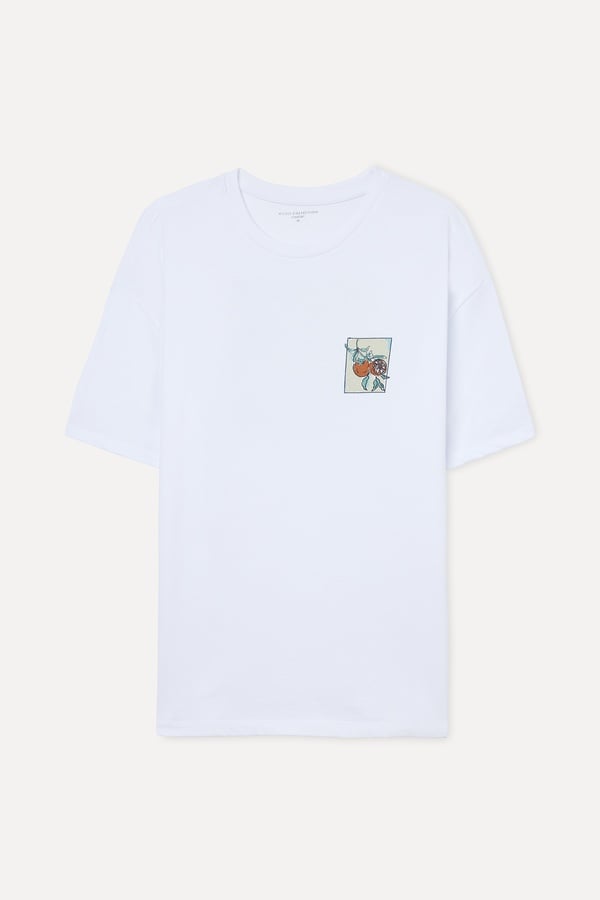 Erkek Beyaz Baskılı Oversize Bisiklet Yaka T-Shirt