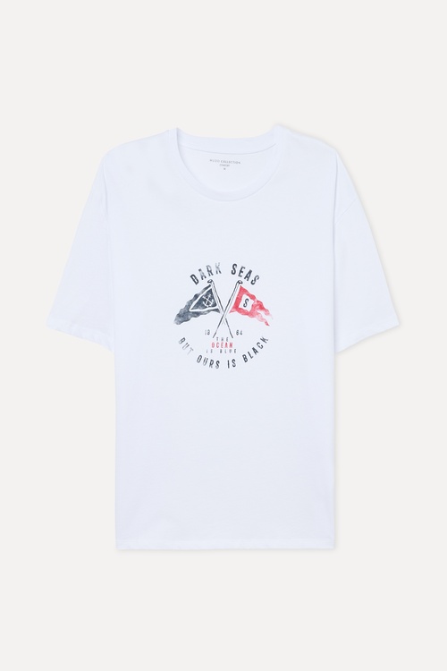 Erkek Beyaz Baskılı Comfort Fit Bisiklet Yaka T-Shirt