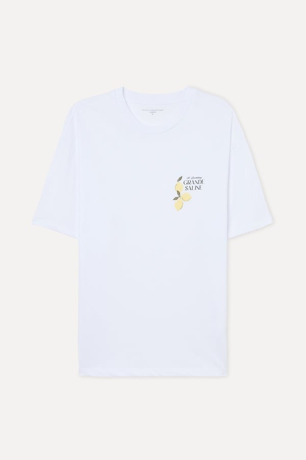 Erkek Beyaz Baskılı Oversize Bisiklet Yaka T-Shirt