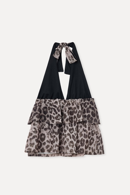 Kadın Leopar Desenli Bağlamalı Halter Yaka Fırfırlı Bluz