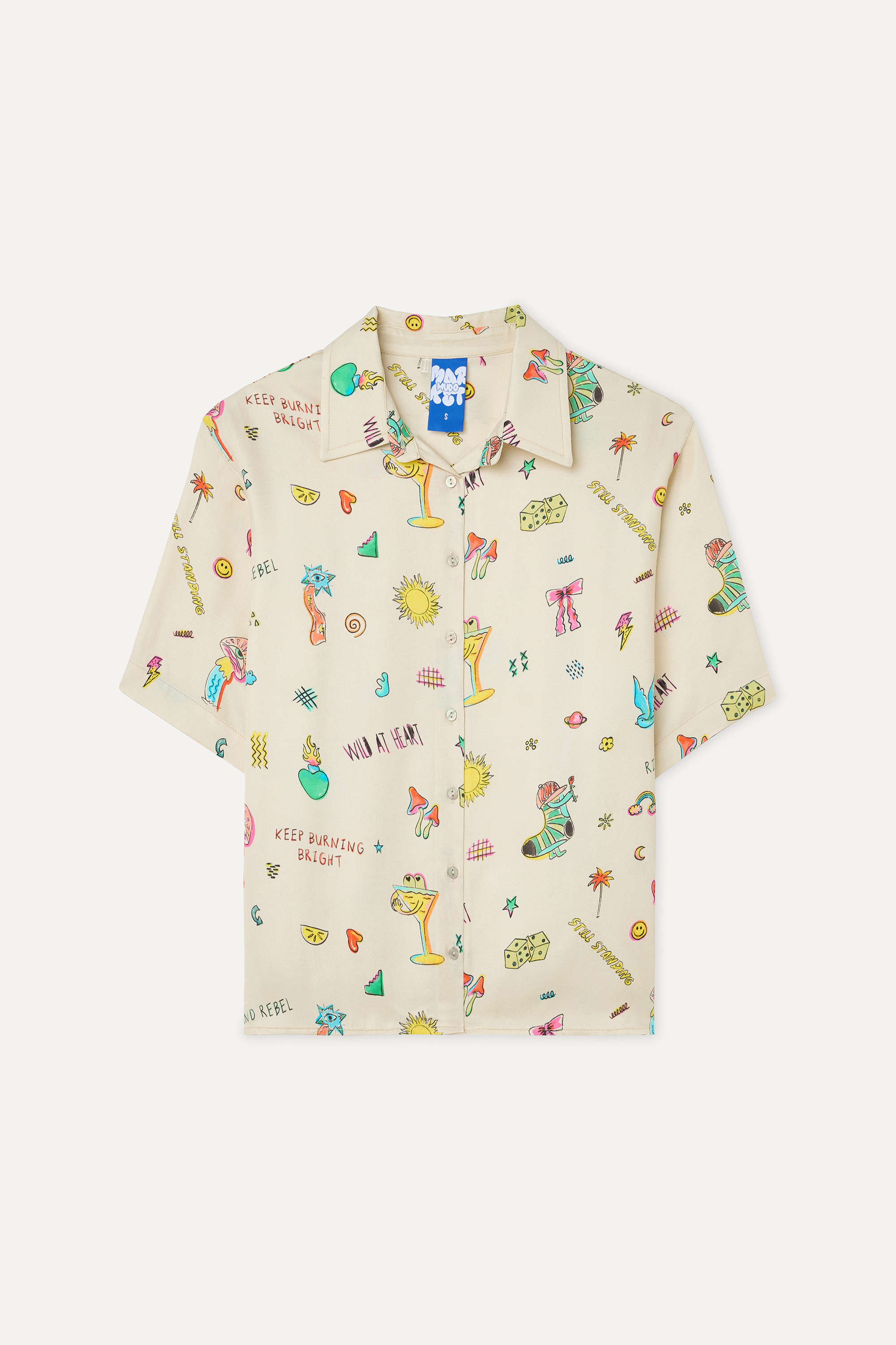 Kadın Ekru Desenli Oversize Kısa Kollu Gömlek