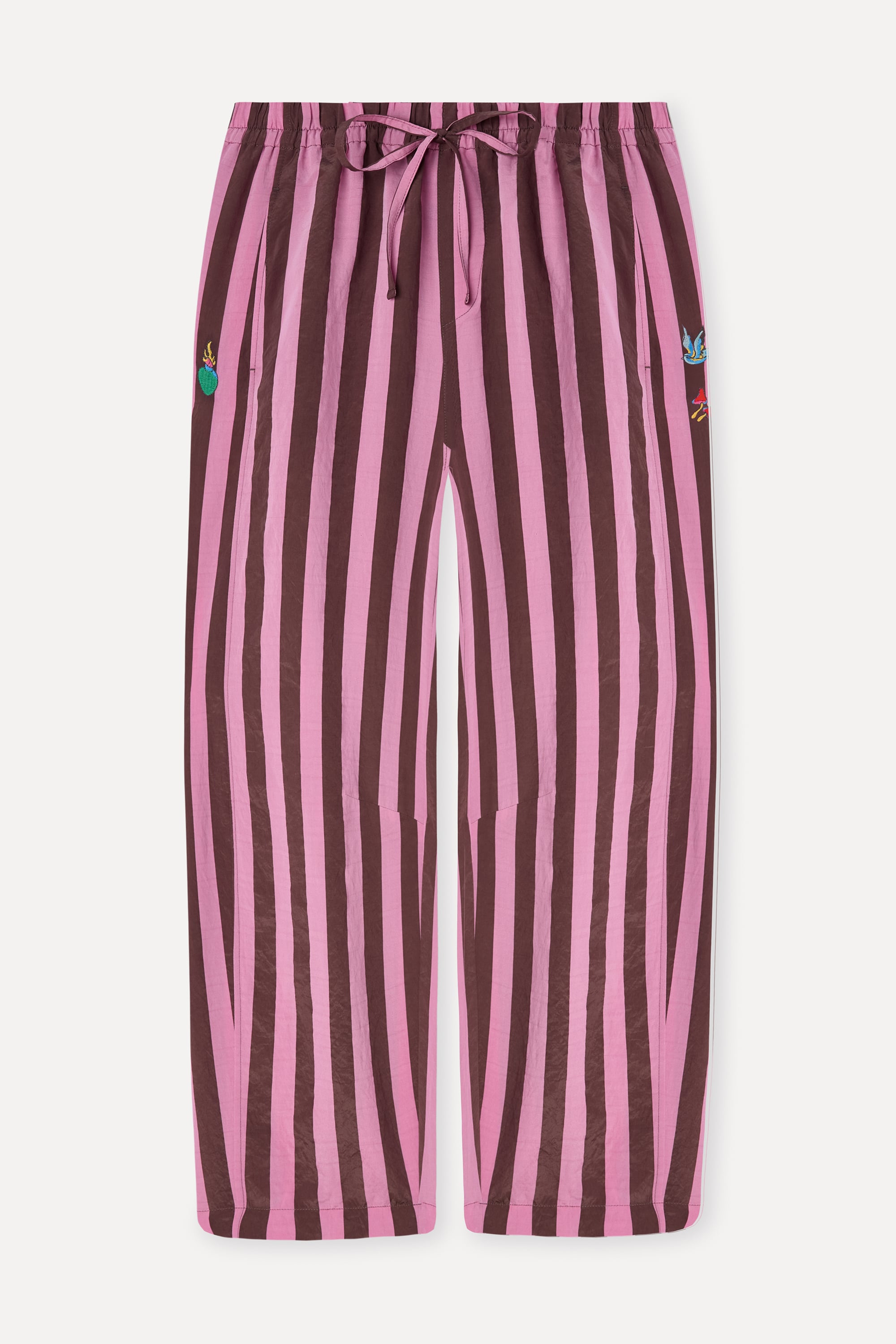 Kadın Pembe Nakışlı Çizgili Relax Fit Pantolon