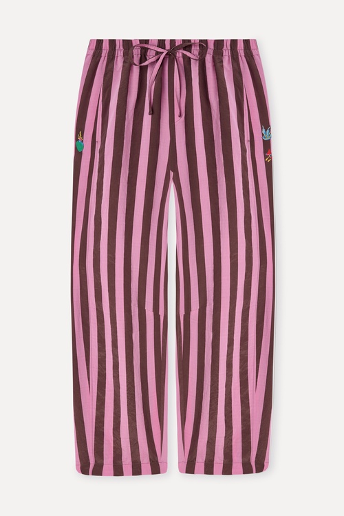  Kadın Pembe Nakışlı Çizgili Relax Fit Pantolon