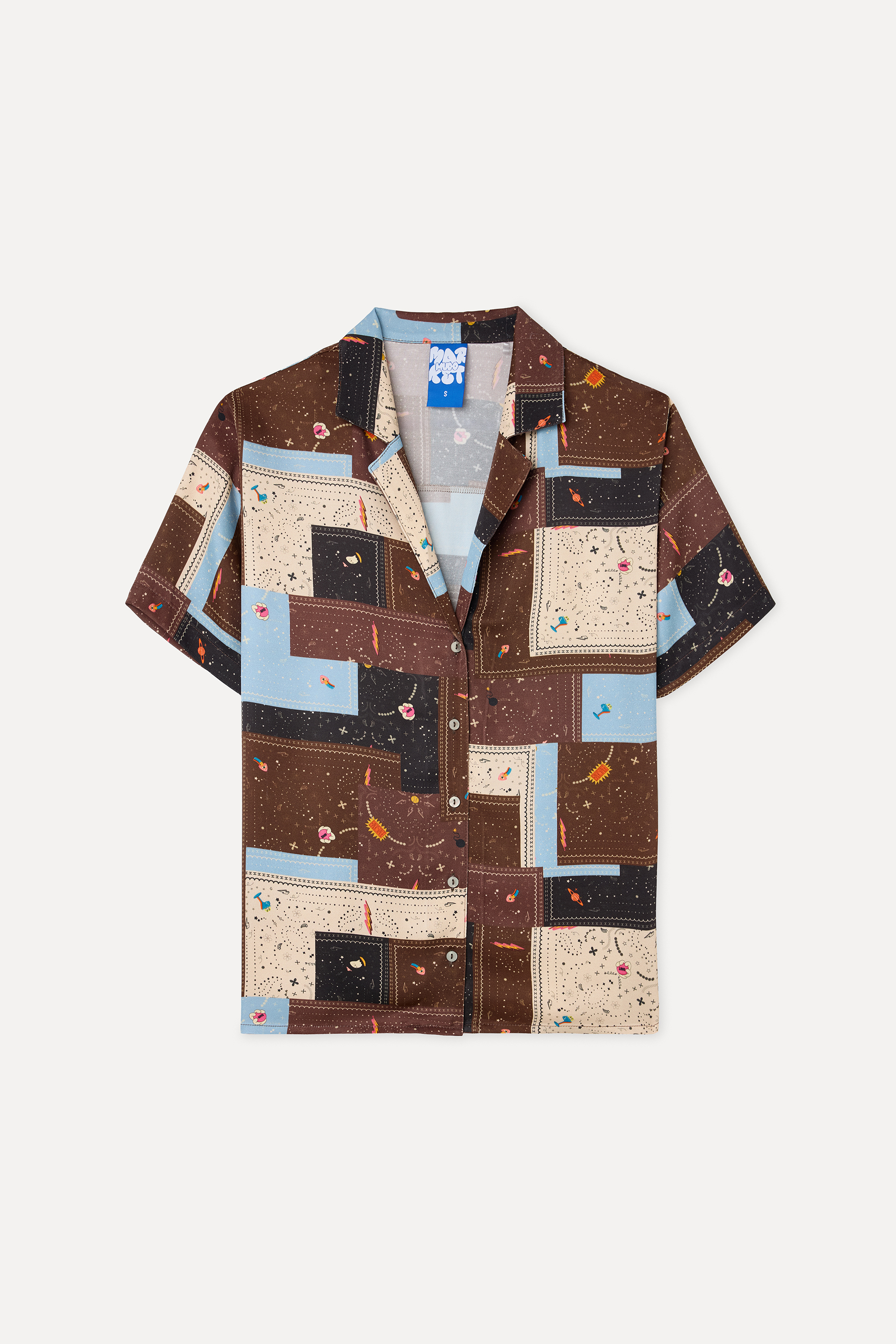 Kadın Kahverengi Desenli Oversize Kısa Kollu Gömlek