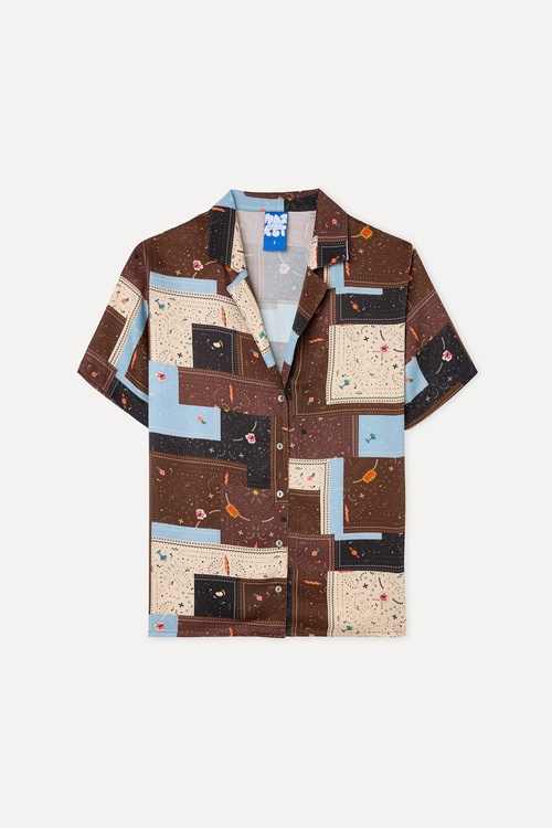 Kadın Kahverengi Desenli Oversize Kısa Kollu Gömlek