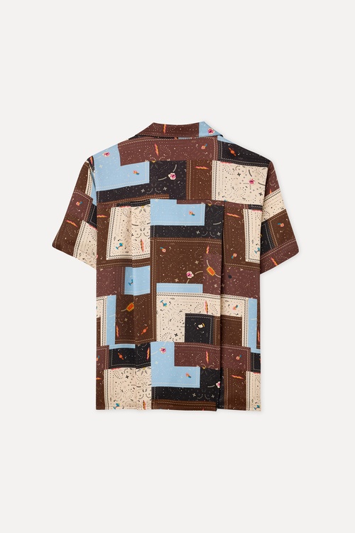  Kadın Kahverengi Desenli Oversize Kısa Kollu Gömlek