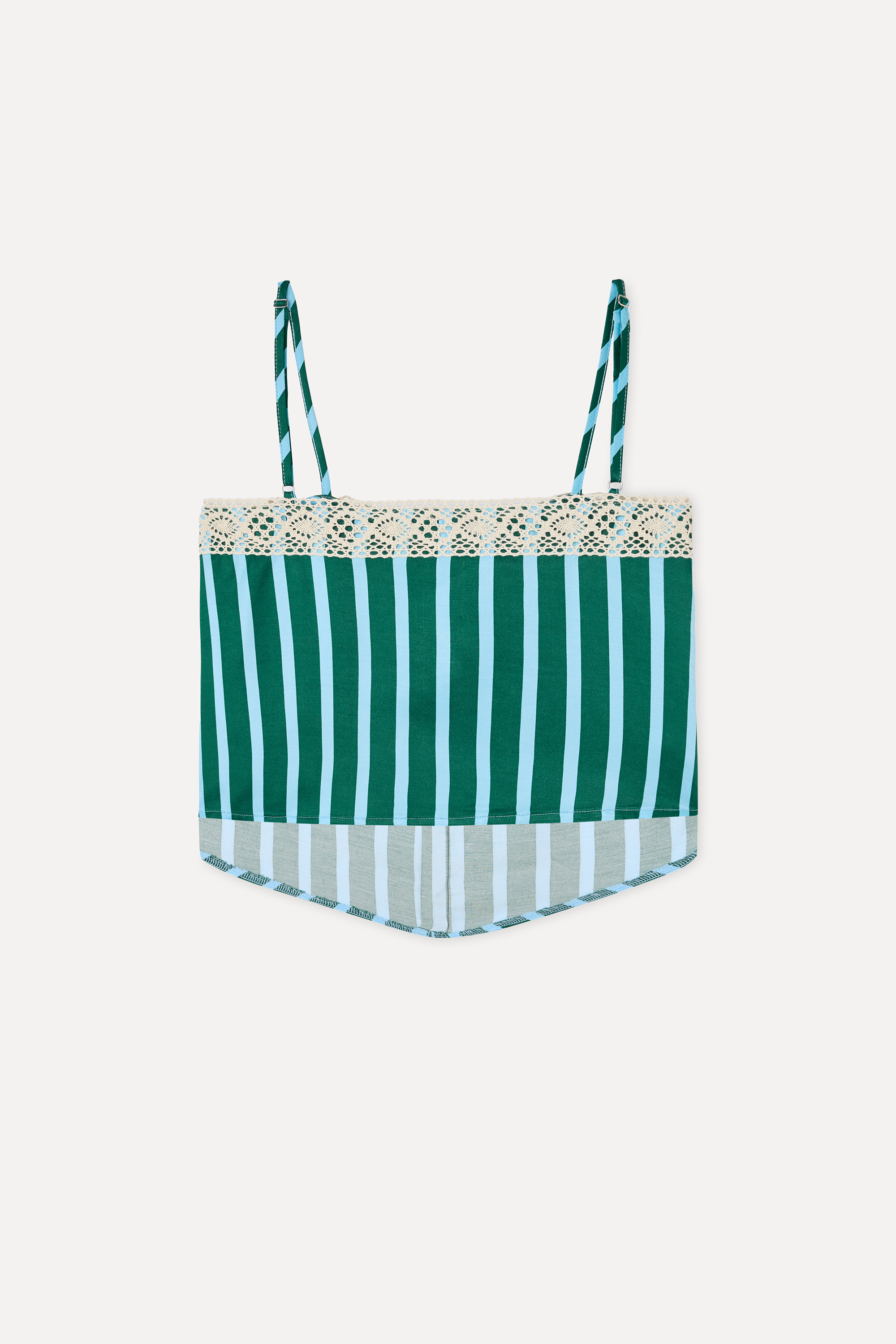 Kadın Yeşil Cizgili Dantelli Kolsuz Crop Bluz