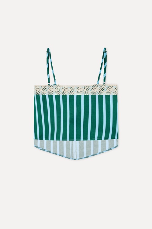  Kadın Yeşil Cizgili Dantelli Kolsuz Crop Bluz