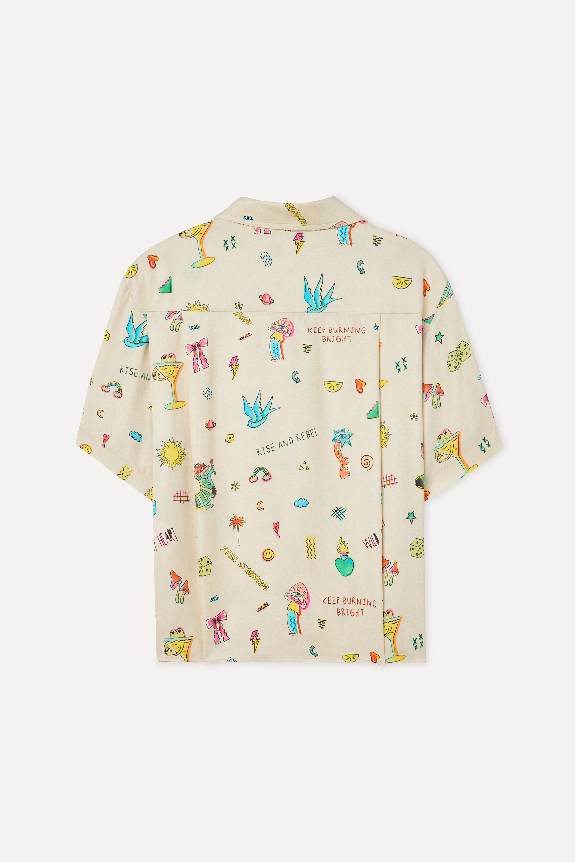 Kadın Ekru Desenli Oversize Kısa Kollu Gömlek