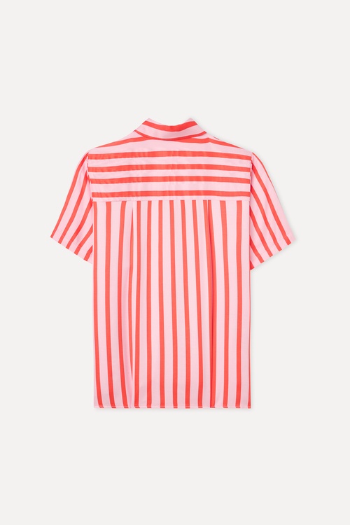  Kadın Pembe Boncuklu Çizgili Oversize Kısa Kollu Gömlek