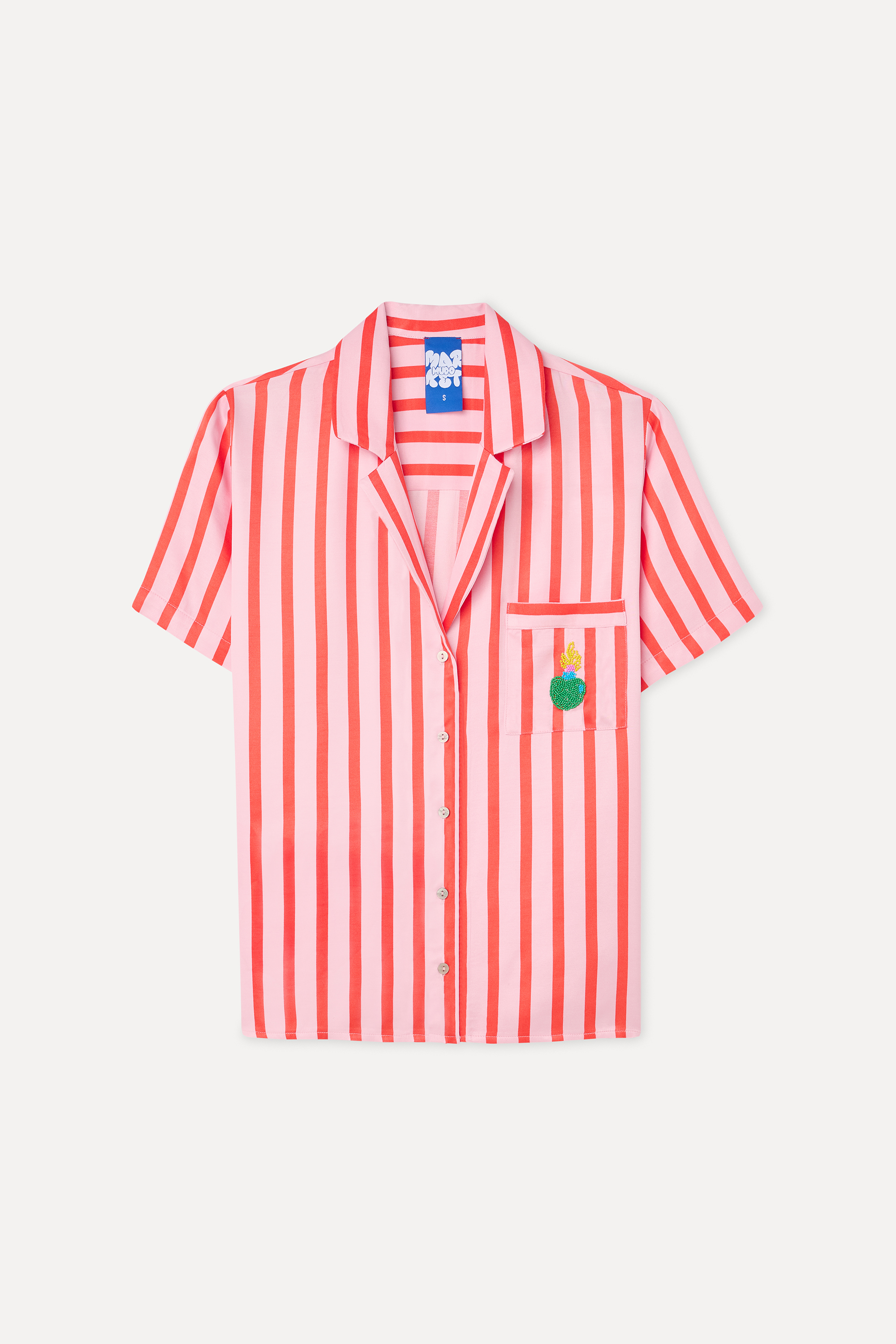 Kadın Pembe Boncuklu Çizgili Oversize Kısa Kollu Gömlek