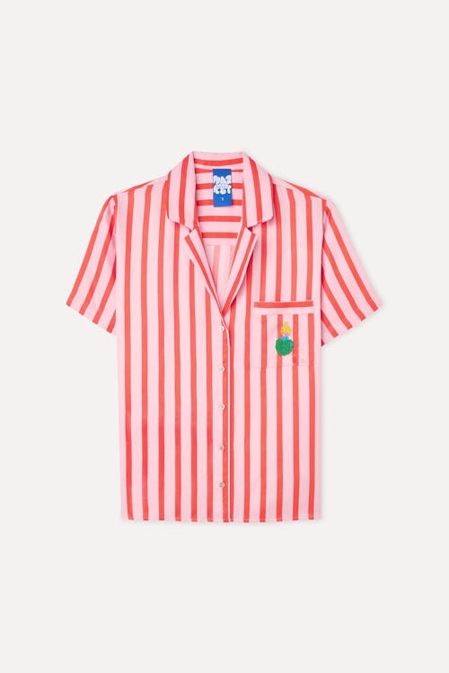  Kadın Pembe Boncuklu Çizgili Oversize Kısa Kollu Gömlek