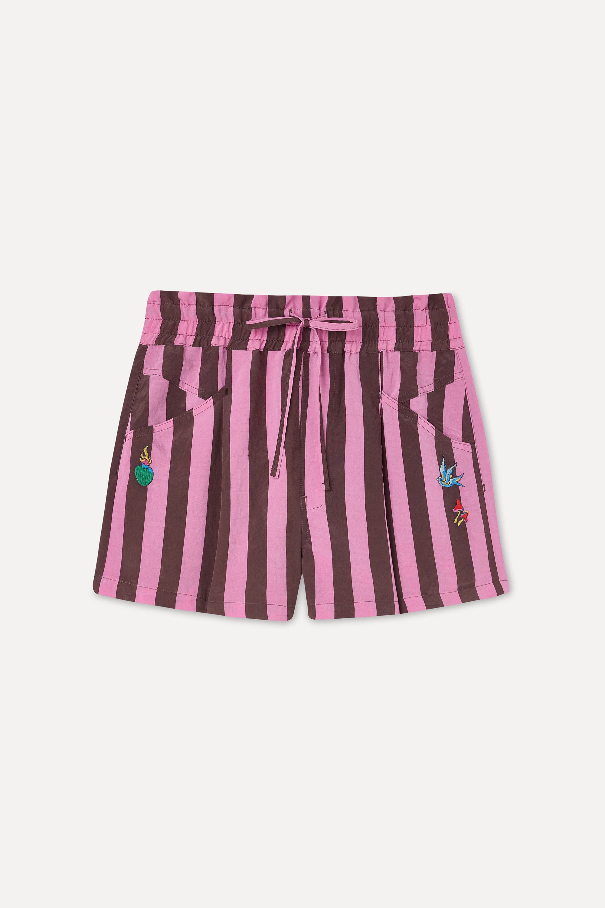 Kadın Pembe Nakışlı Çizgili Comfort Fit Şort