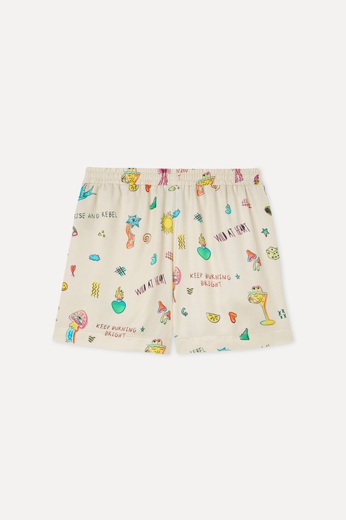  Kadın Ekru Desenli Comfort Fit Şort