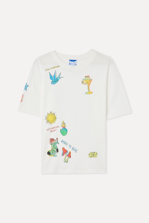  Kadın Beyaz Baskılı Loose Fit Bisiklet Yaka T-Shirt