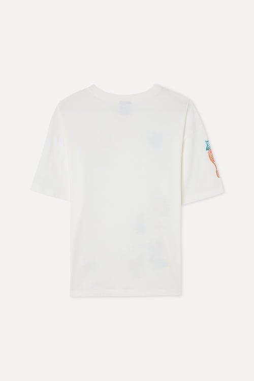  Kadın Beyaz Baskılı Loose Fit Bisiklet Yaka T-Shirt