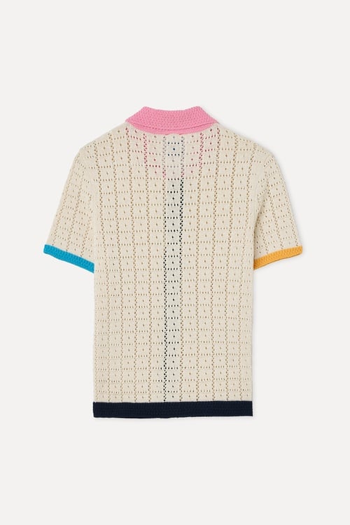  Kadın Ekru Nakışlı Polo Yaka Kısa Kollu Triko Kazak