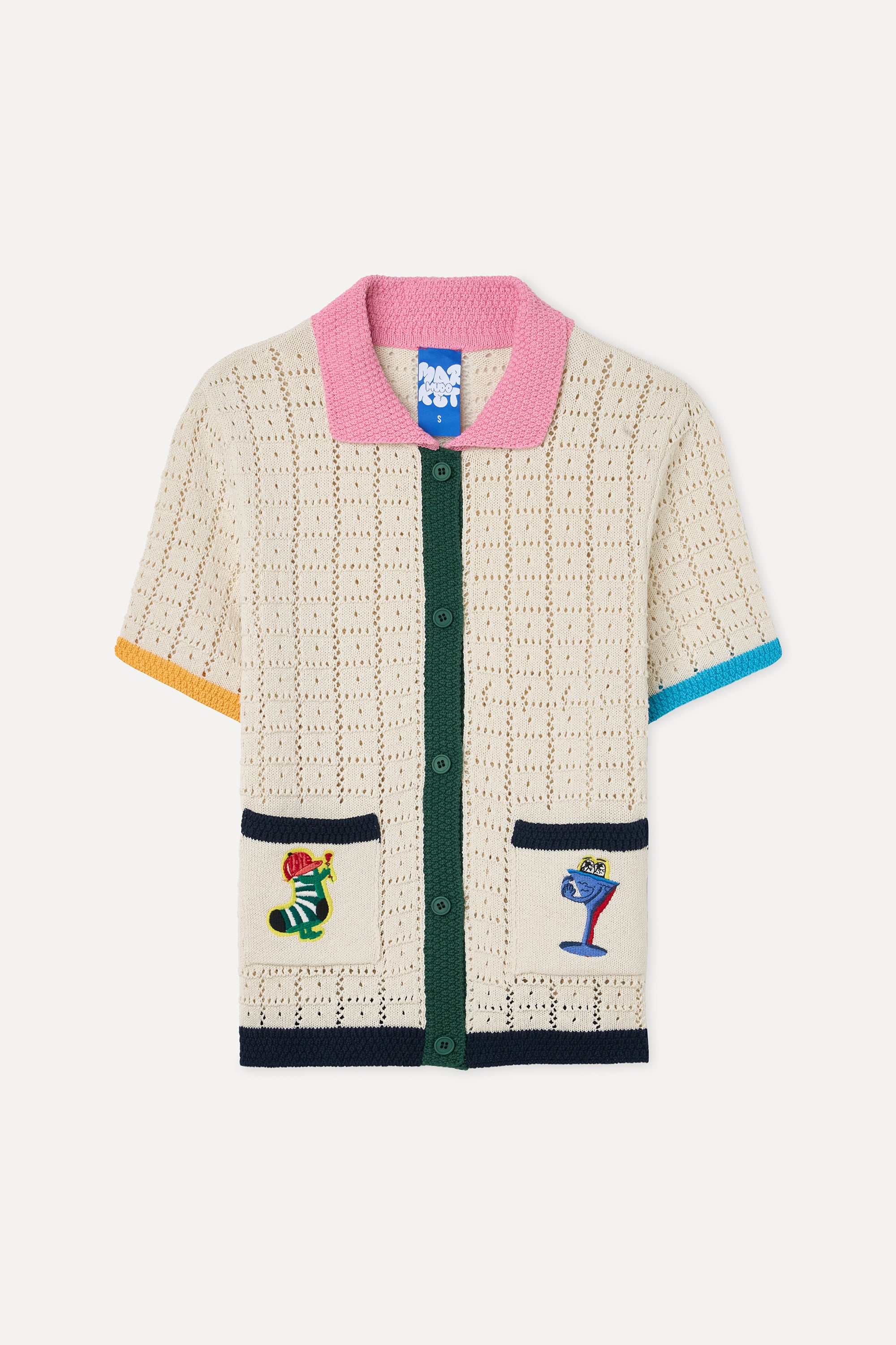 Kadın Ekru Nakışlı Polo Yaka Kısa Kollu Triko Kazak