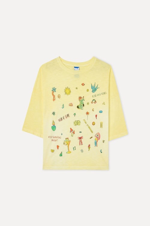 Kadın Sarı Baskılı Loose Fit Düşük Kol T-Shirt