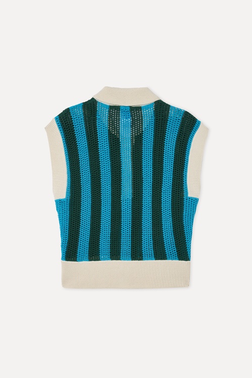  Kadın Mavi Çizgili Polo Yaka Kolsuz Triko Kazak