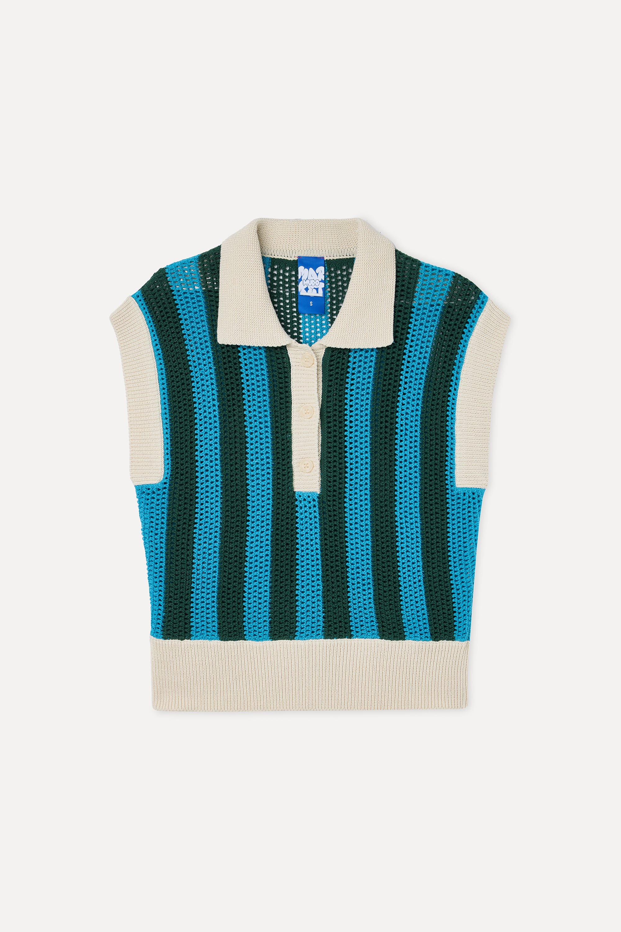 Kadın Mavi Çizgili Polo Yaka Kolsuz Triko Kazak