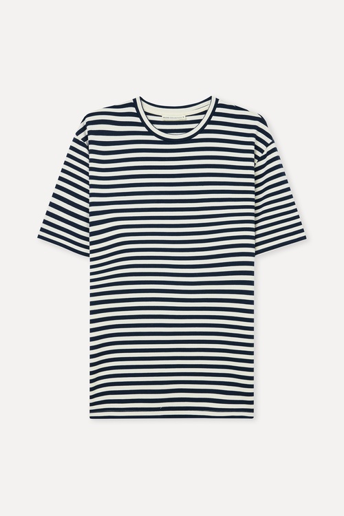 Erkek Kırık Beyaz Çizgili Loose Fit Bisiklet Yaka Modal T-Shirt