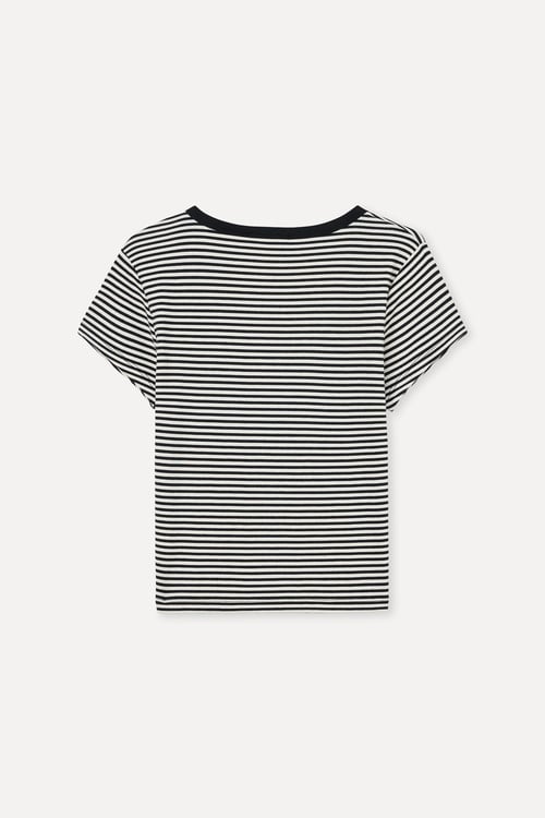 Kadın Siyah Çizgili Fitted Açık Yaka T-Shirt