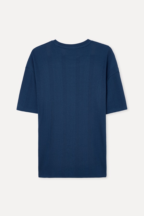  Erkek İndigo Jakarlı Oversize Bisiklet Yaka T-Shirt