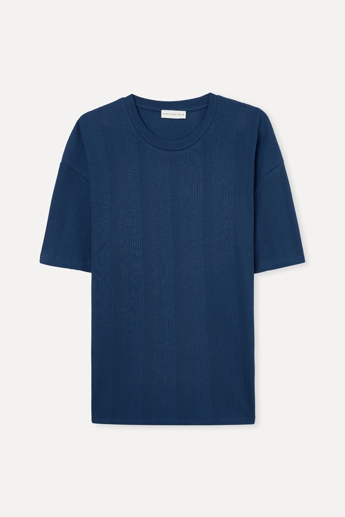 Erkek İndigo Jakarlı Oversize Bisiklet Yaka T-Shirt